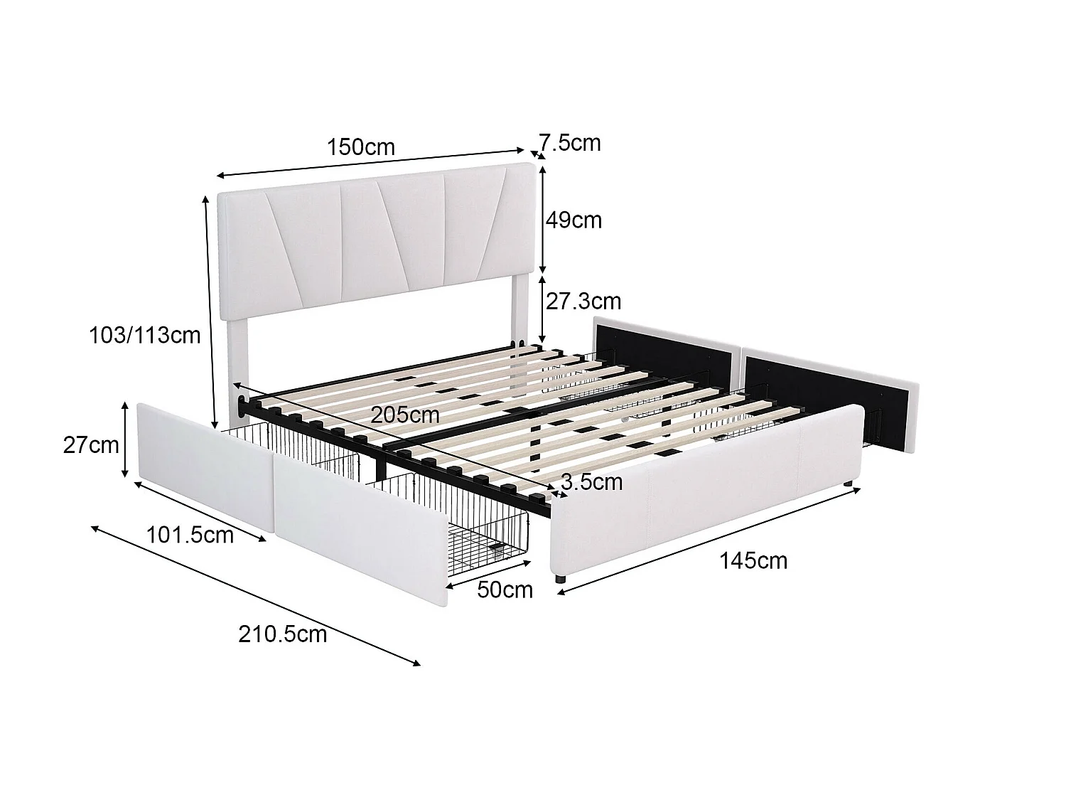 Lit double 140x200cm avec 4 tiroirs, lit capitonné pour 2 personnes, tissu en velours, tête de lit réglable, désigne moderne, blanc