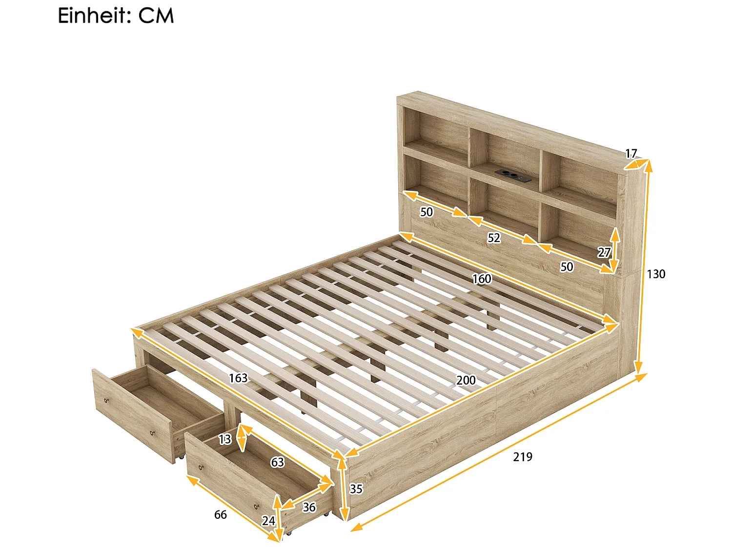Lit double 160x200cm avec 2 tiroirs et bibliothèque, en bois panneaux de particules, sommier à lattes, couleur naturelle