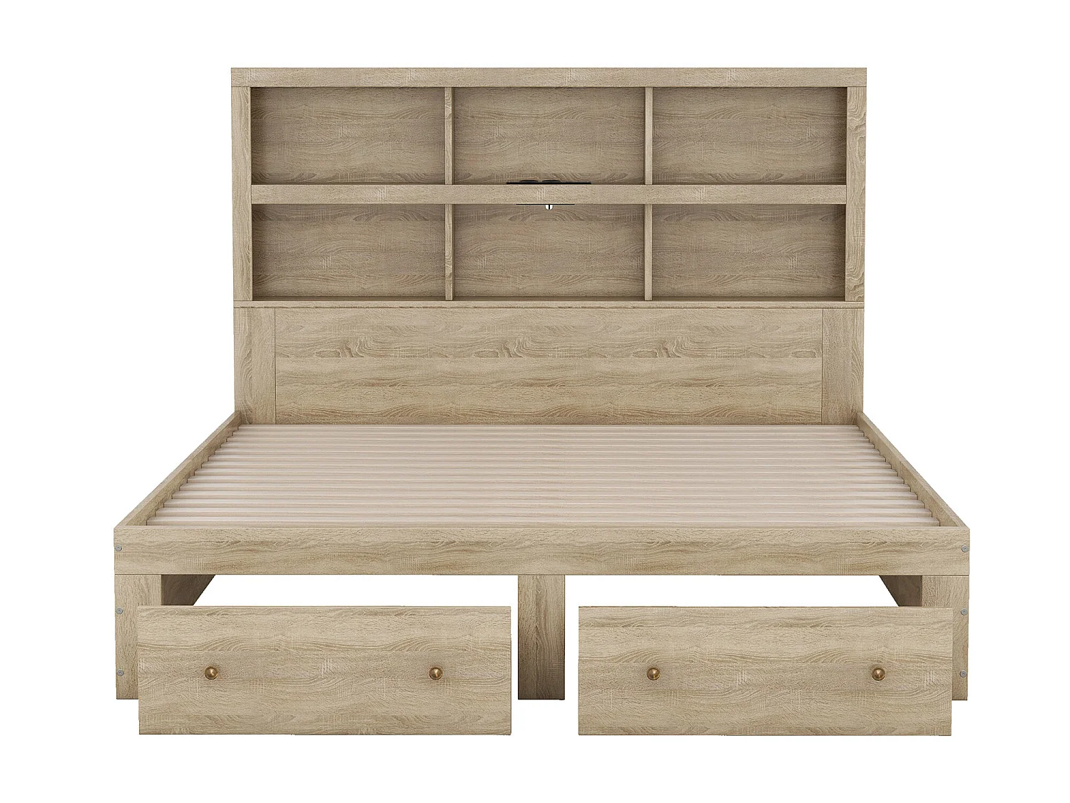 Lit double 160x200cm avec 2 tiroirs et bibliothèque, en bois panneaux de particules, sommier à lattes, couleur naturelle
