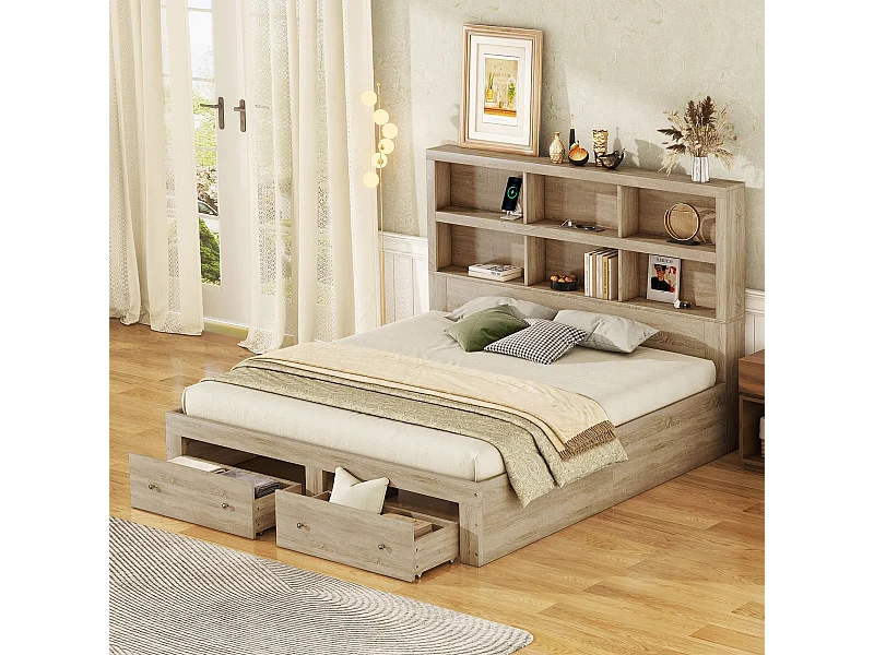 Tweepersoonsbed 160x200cm met 2 laden en boekenkast, spaanplaathout, lattenbodem, natuurlijke kleur