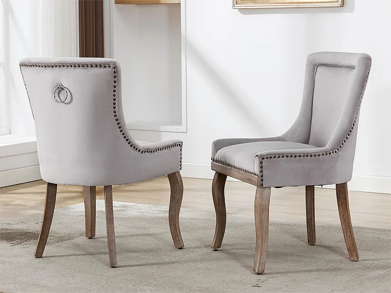Stuhl 2er-Set aus Samt – mit Massivholzbeinen – grau