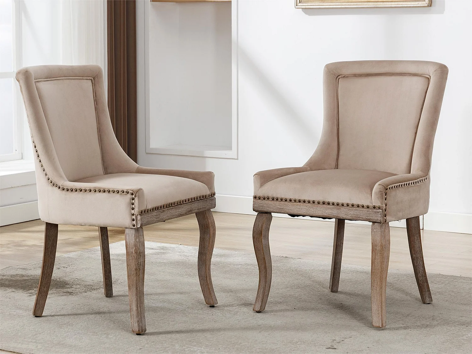 Set van 2 fluwelen stoelen - met massief houten poten - beige