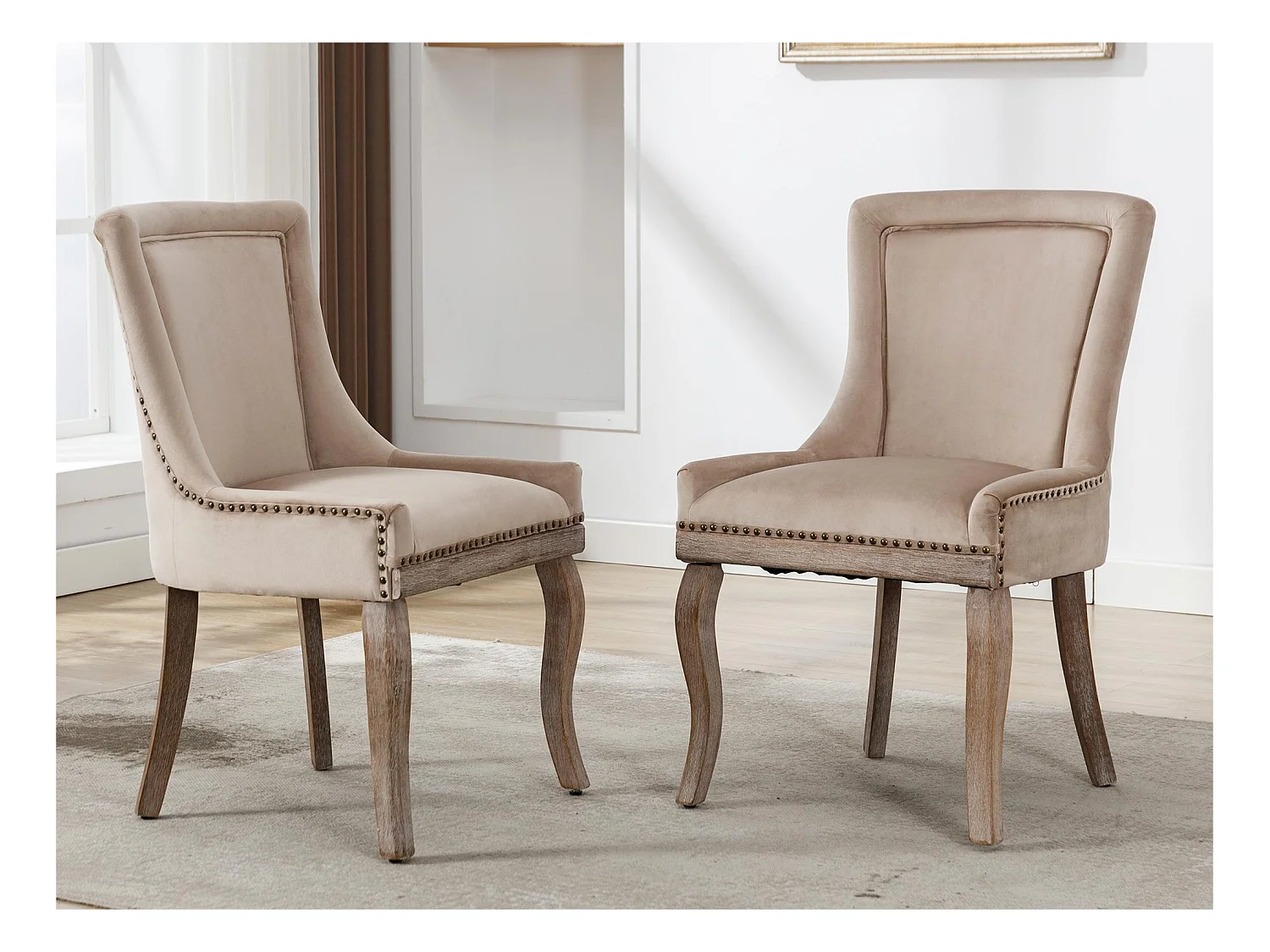 Stuhl 2er-Set aus Samt – mit Massivholzbeinen – Beige