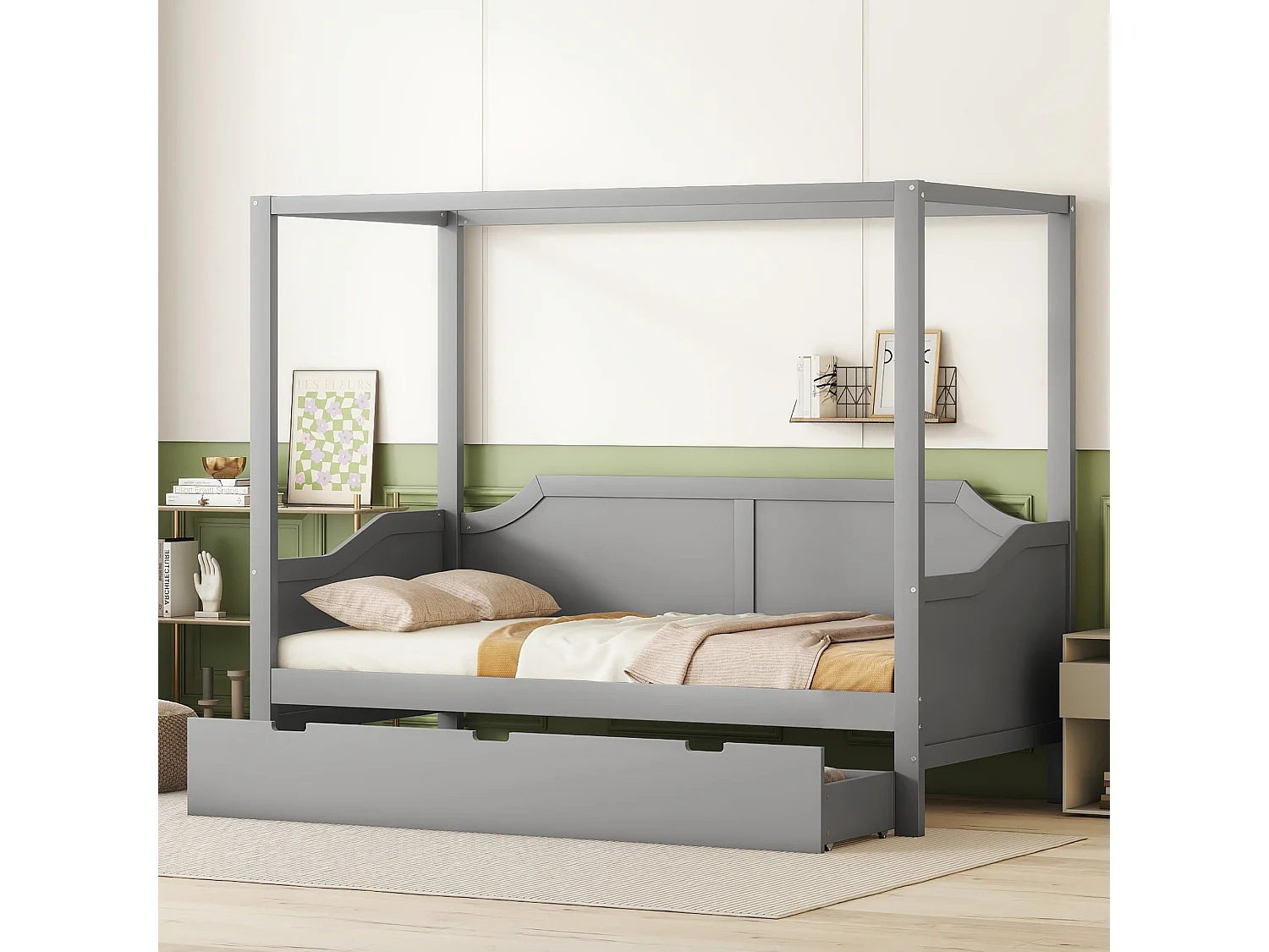 Hemelbed in grenenhout, 90x200cm, met 3-in-1 opberglades, grijs