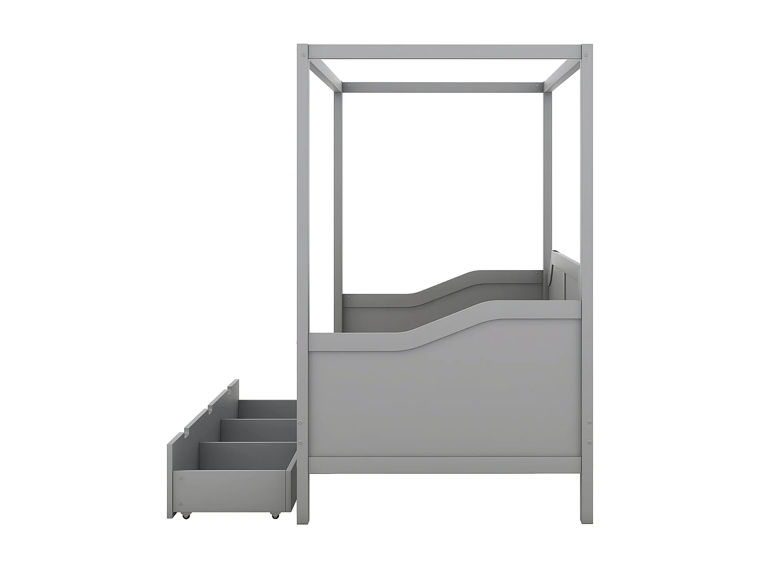 Hemelbed in grenenhout, 90x200cm, met 3-in-1 opberglades, grijs