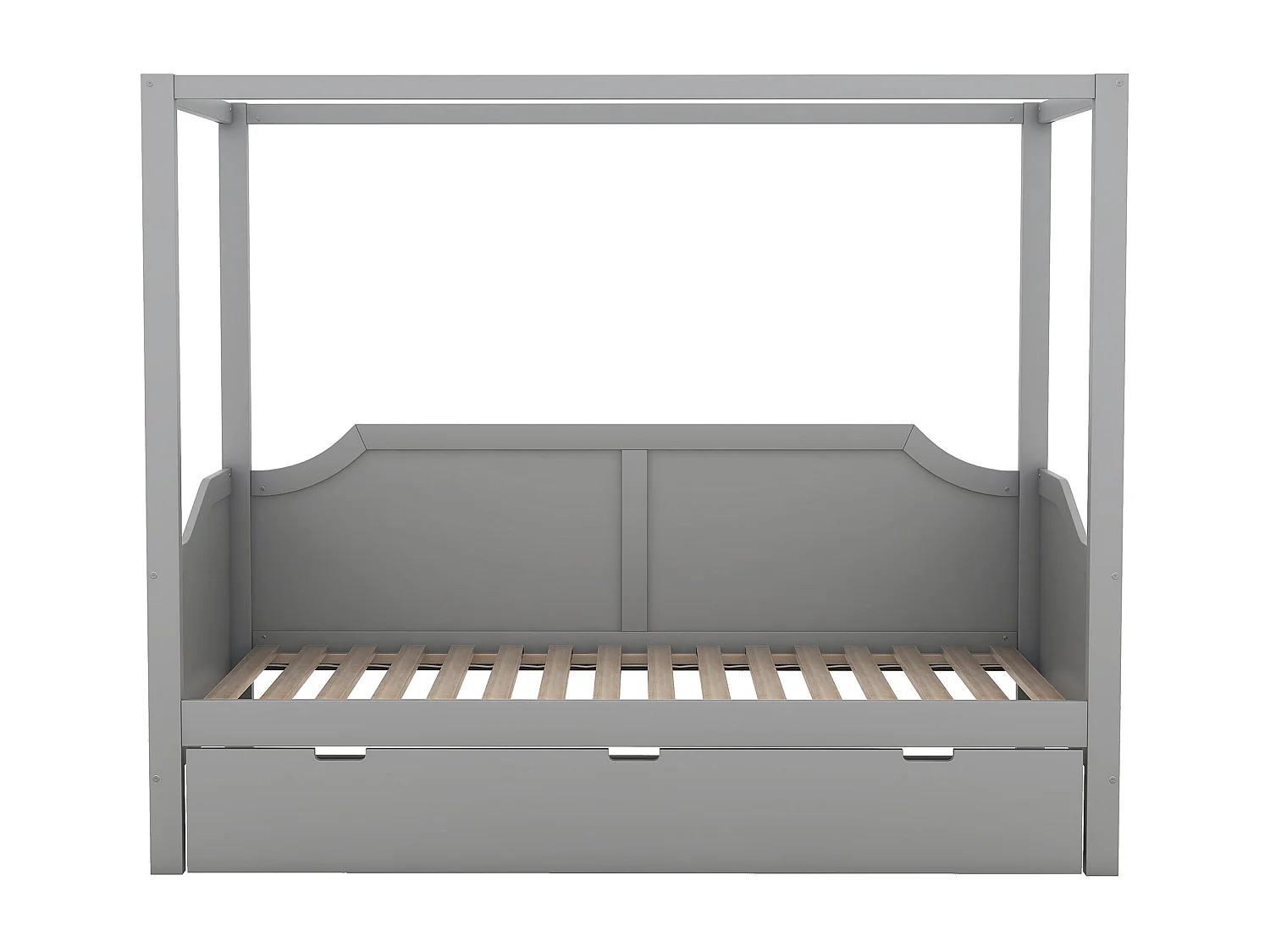 Hemelbed in grenenhout, 90x200cm, met 3-in-1 opberglades, grijs