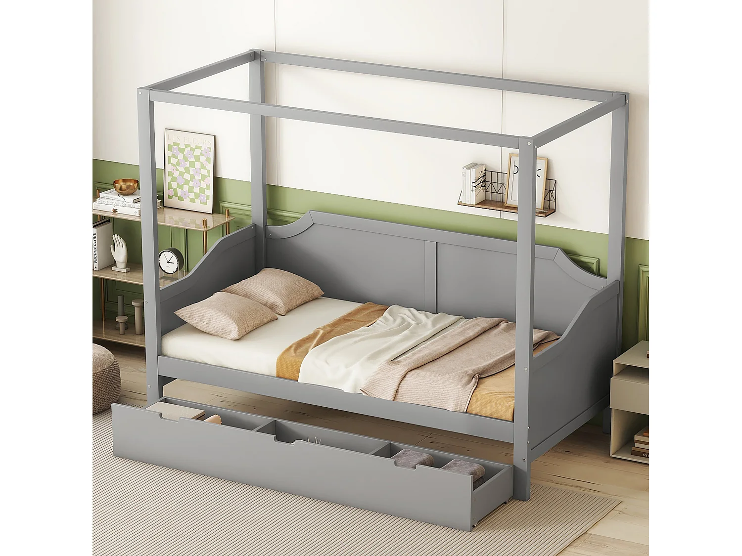 Hemelbed in grenenhout, 90x200cm, met 3-in-1 opberglades, grijs