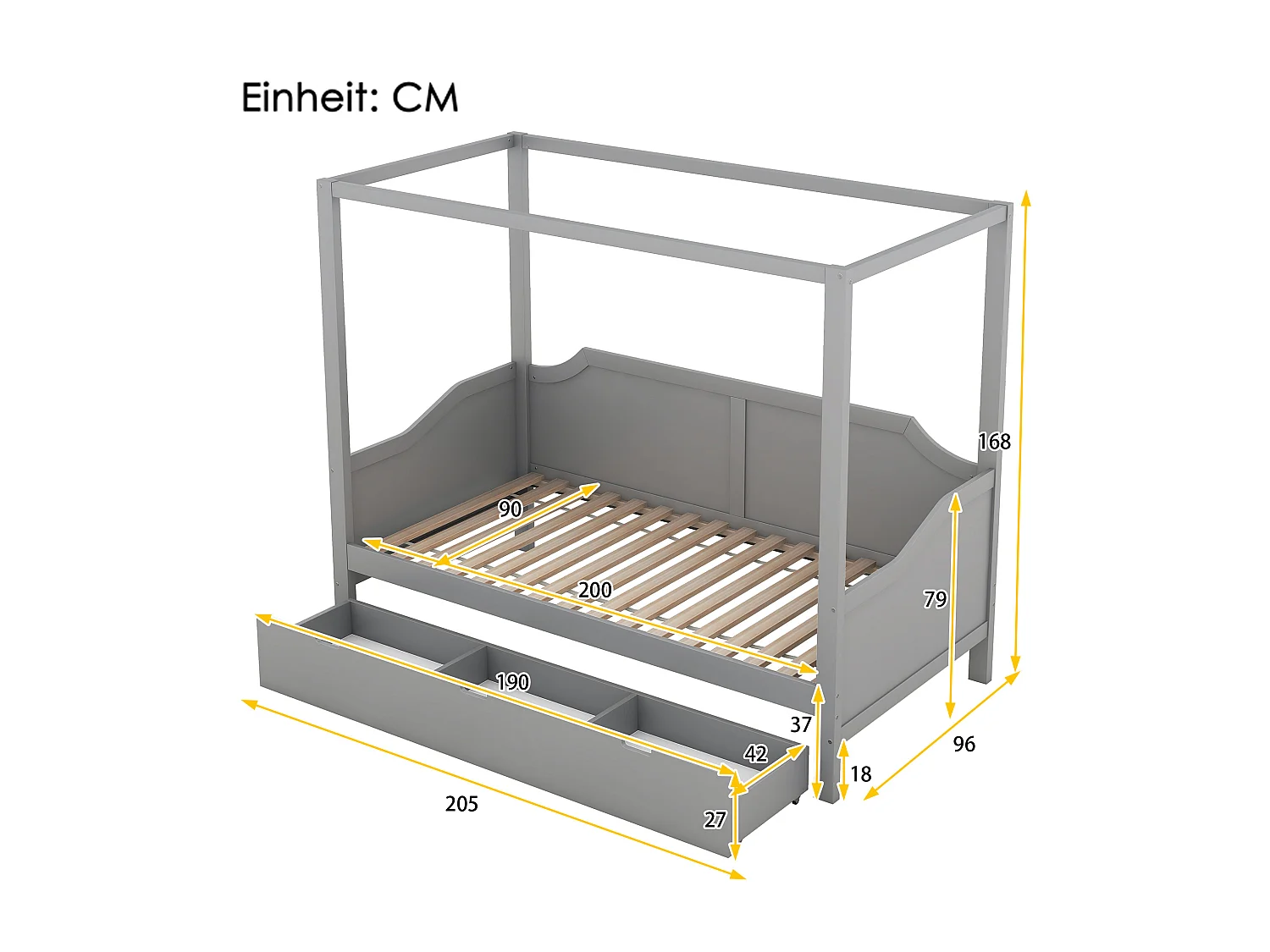 Hemelbed in grenenhout, 90x200cm, met 3-in-1 opberglades, grijs
