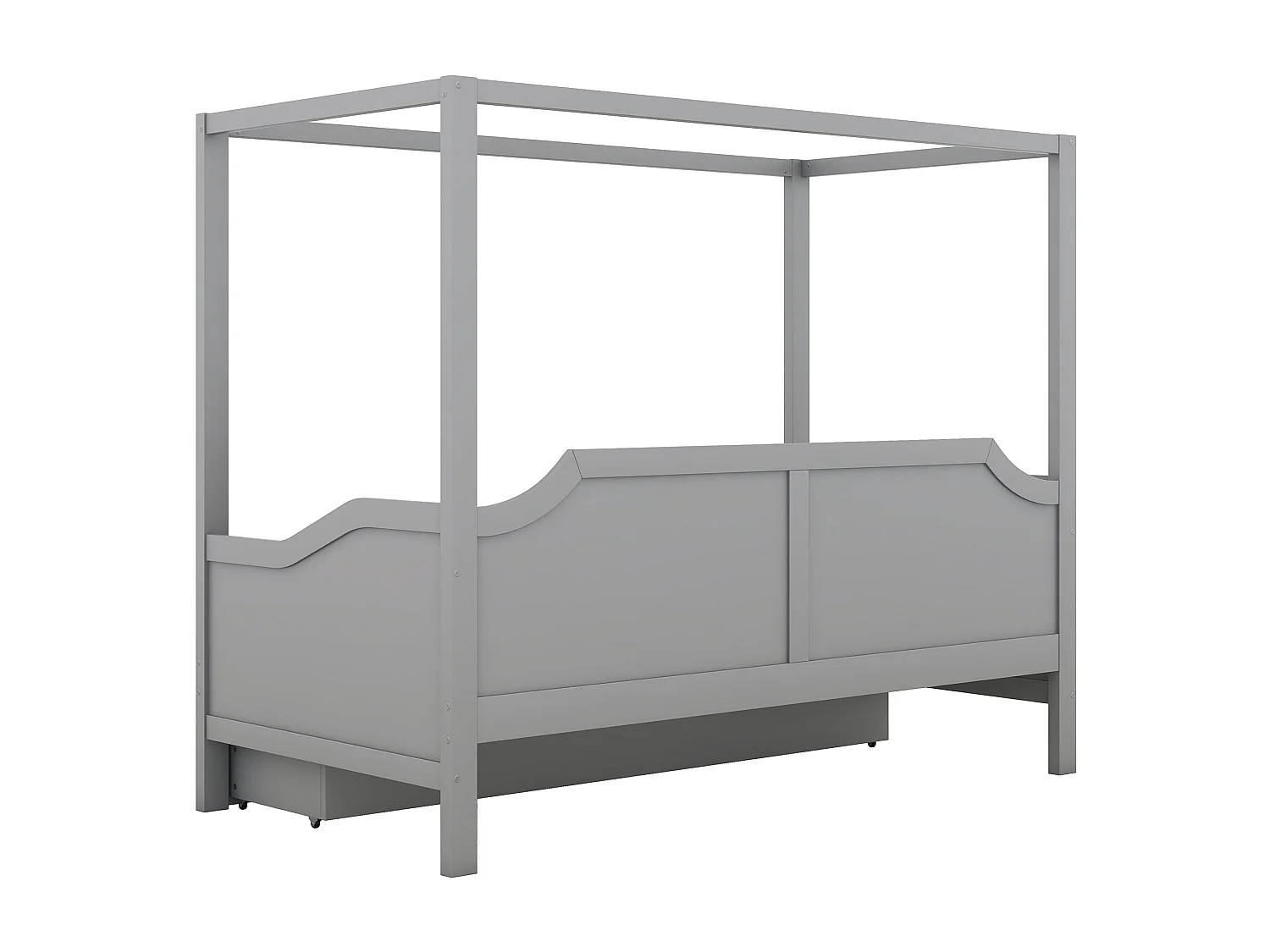 Hemelbed in grenenhout, 90x200cm, met 3-in-1 opberglades, grijs