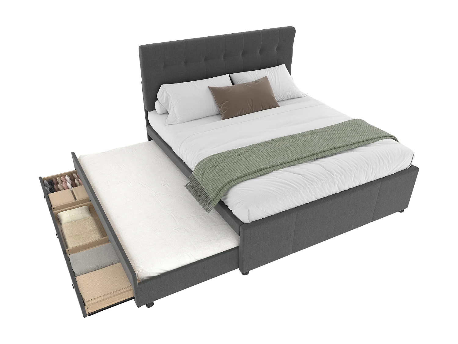 Ausziehbett mit 3 Schubladen – 140 x 200 cm + 90 x 190 cm – Leinenstoff – verstellbares Kopfteil – Farbe grau