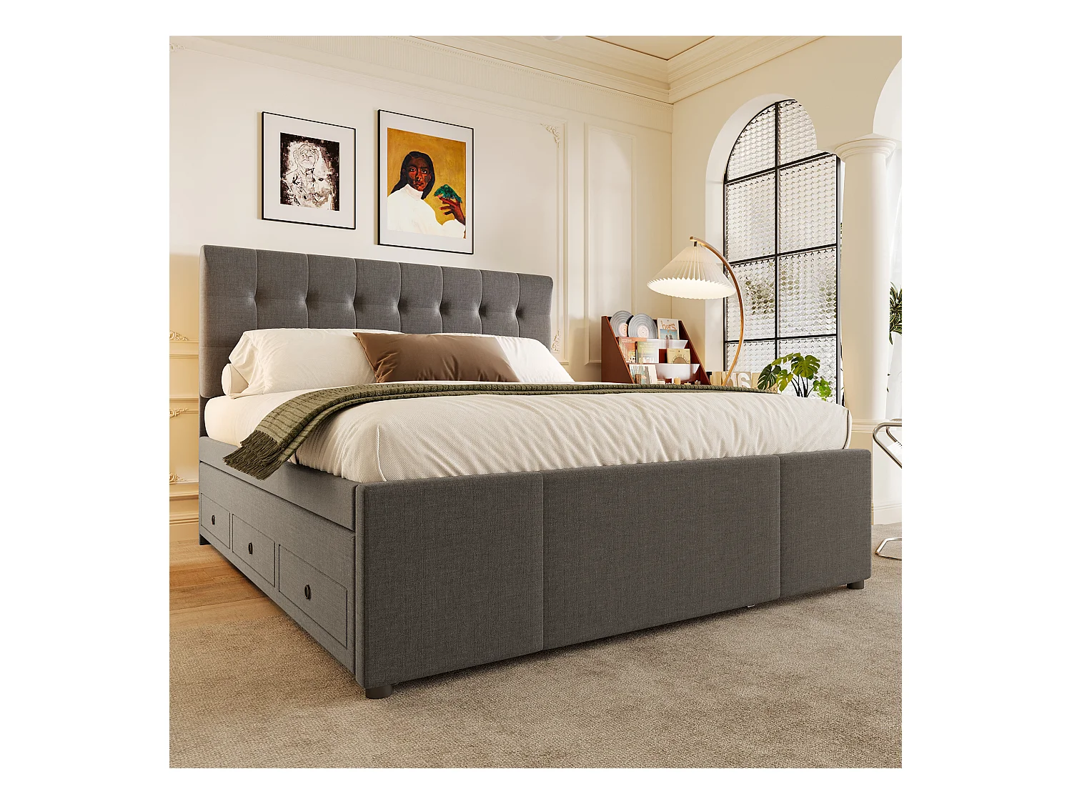 Lit gigogne avec 3 tiroirs - 140 x 200 cm + 90 x 190 cm - tissu lin - tête de lit réglable - coloris gris