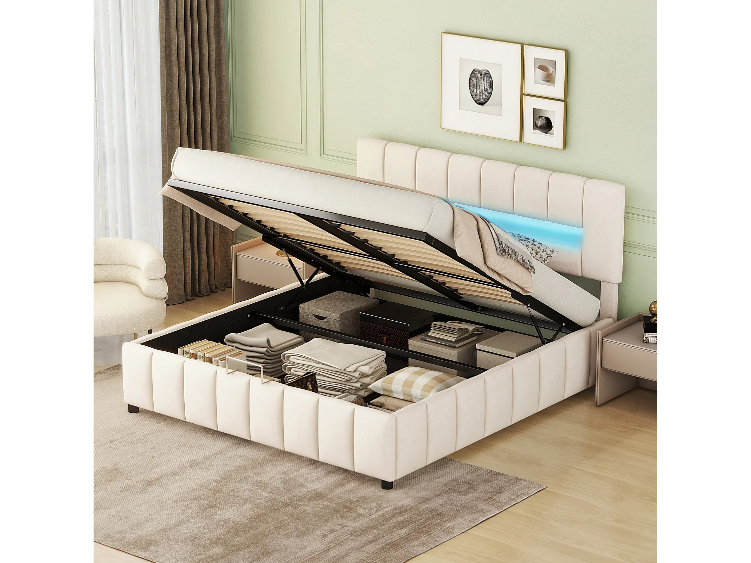 Cama dupla de arrumação 180x200cm, cama acolchoada de veludo, com iluminação LED, estrutura de cama moderna com espaço de arrumação, bege
