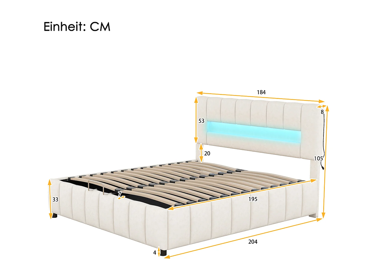 Cama dupla de arrumação 180x200cm, cama acolchoada de veludo, com iluminação LED, estrutura de cama moderna com espaço de arrumação, bege