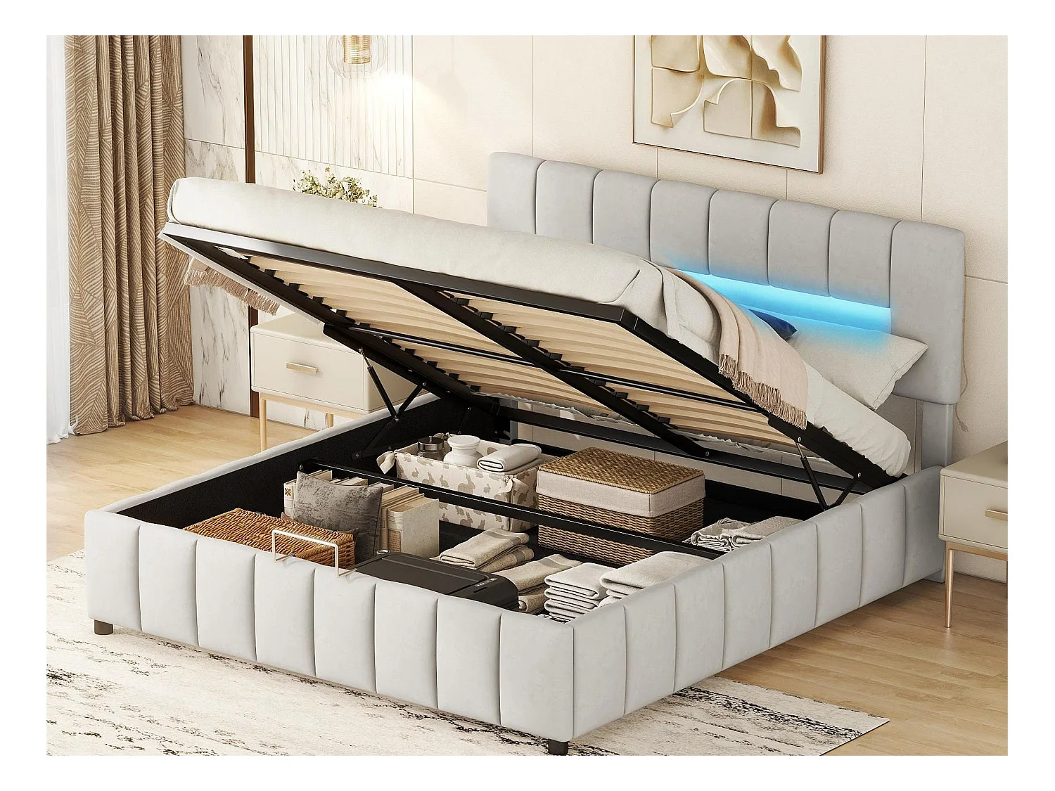 Lit coffre double 180x200cm, lit capitonné en velours, avec éclairage LED, cadre de lit moderne avec espace de rangement, gris