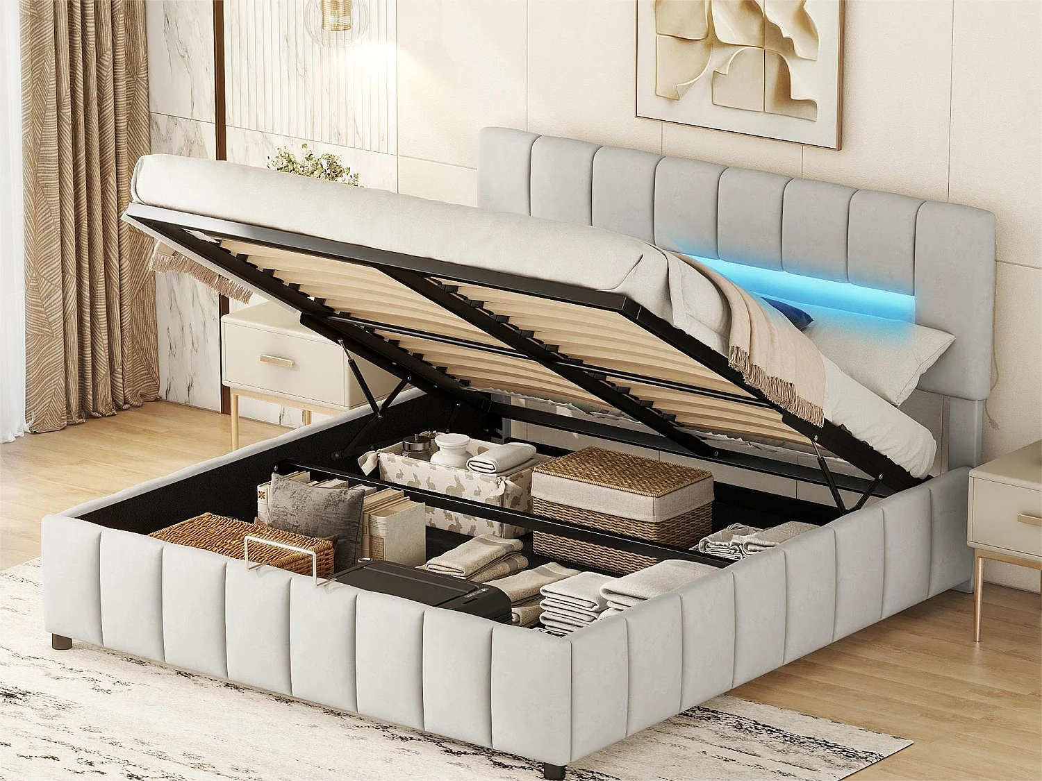 Lit coffre double 180x200cm, lit capitonné en velours, avec éclairage LED, cadre de lit moderne avec espace de rangement, gris