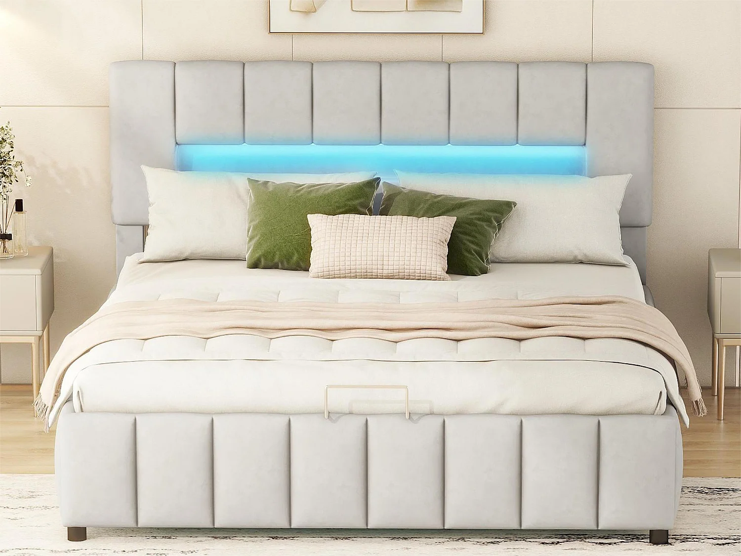 Lit coffre double 180x200cm, lit capitonné en velours, avec éclairage LED, cadre de lit moderne avec espace de rangement, gris