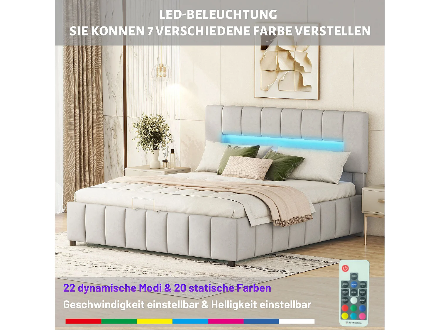 Lit coffre double 180x200cm, lit capitonné en velours, avec éclairage LED, cadre de lit moderne avec espace de rangement, gris