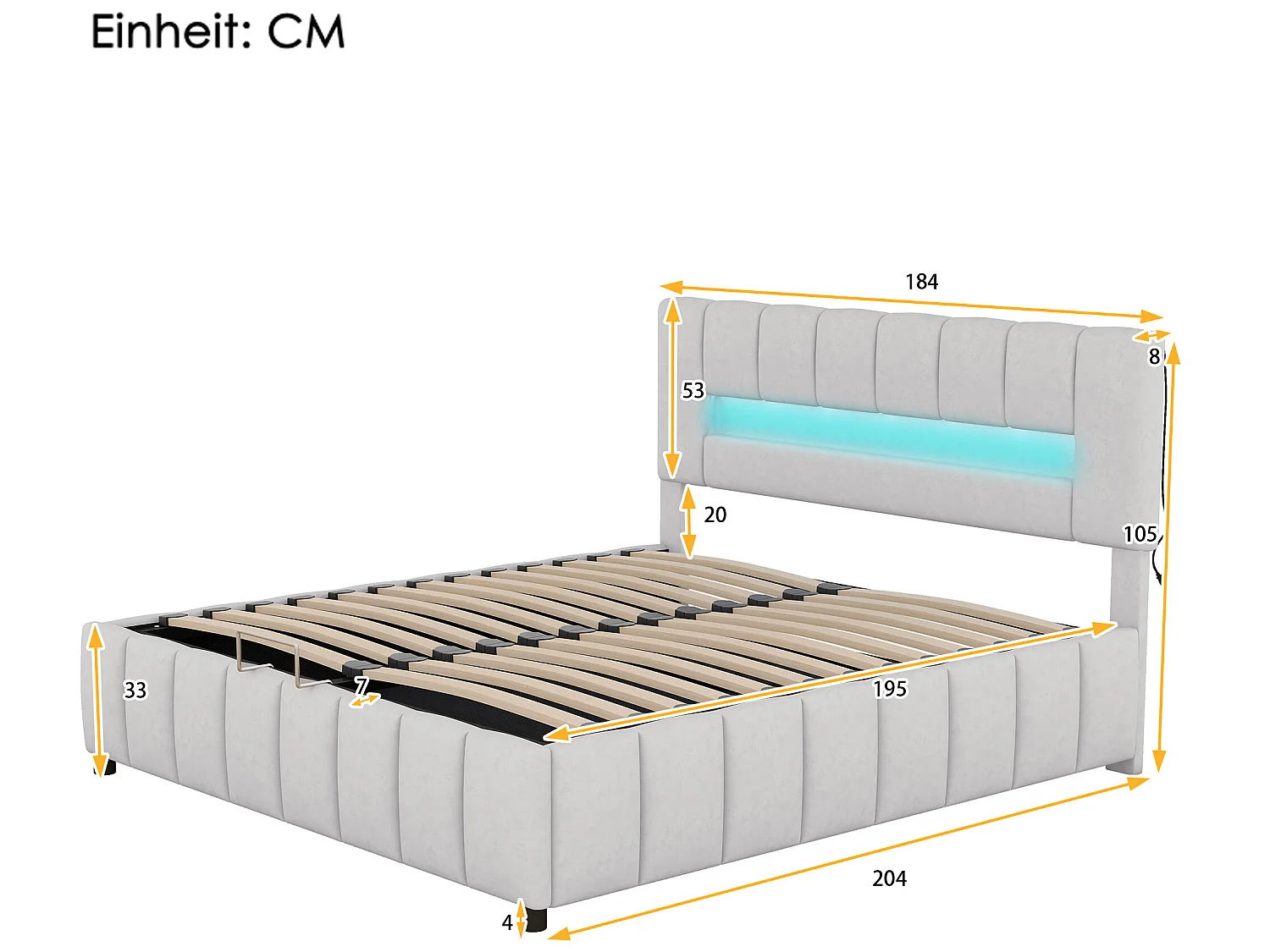 Lit coffre double 180x200cm, lit capitonné en velours, avec éclairage LED, cadre de lit moderne avec espace de rangement, gris