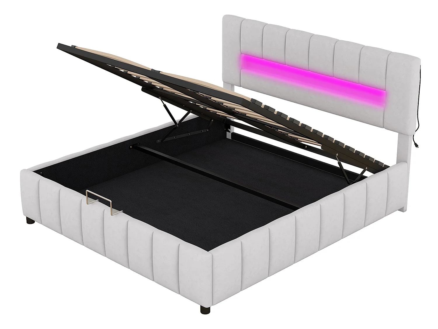 Lit coffre double 180x200cm, lit capitonné en velours, avec éclairage LED, cadre de lit moderne avec espace de rangement, gris