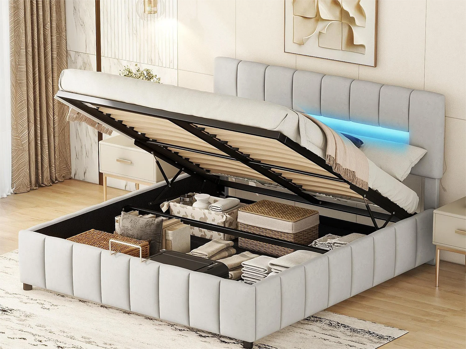 Lit coffre double 180x200cm, lit capitonné en velours, avec éclairage LED, cadre de lit moderne avec espace de rangement, gris