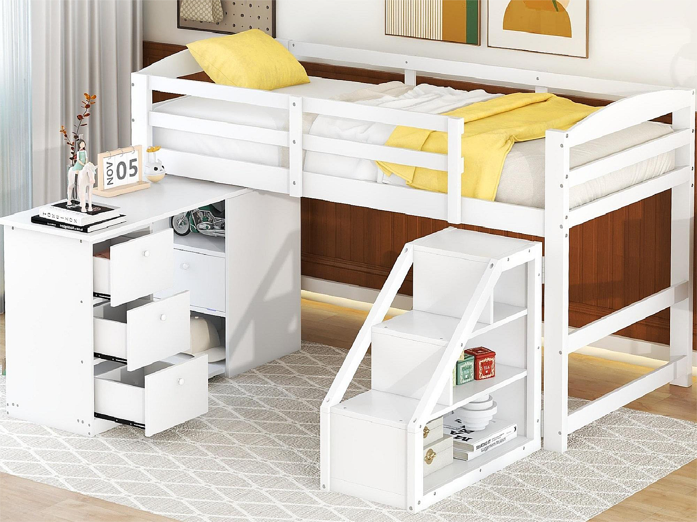 Letto A Soppalco In Legno Massello Di Pino Con Scrivania E Scala - 160x200 Cm - Letto A Mezza Trave Per Bambini E Ragazzi
