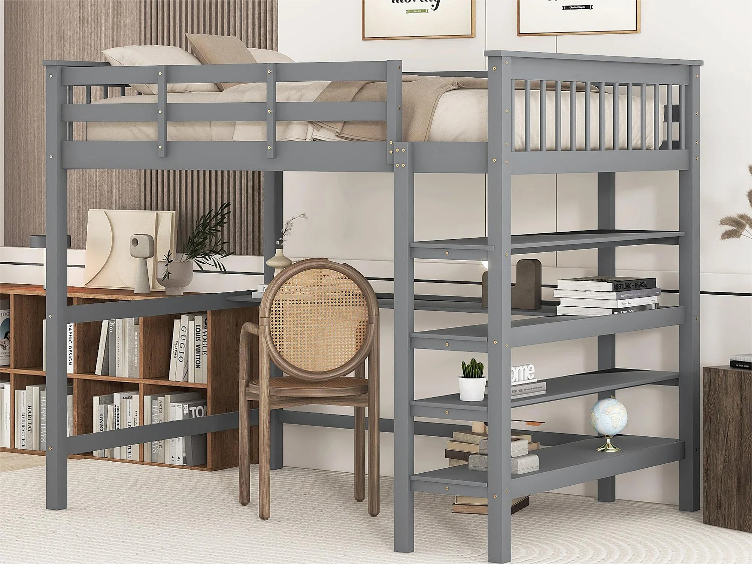 Lit mezzanine 140 x 200 cm - bureau + étagères de rangement - pin et MDF - gris