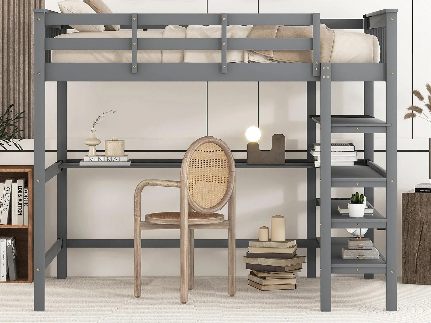 Lit mezzanine 140 x 200 cm - bureau + étagères de rangement - pin et MDF - gris