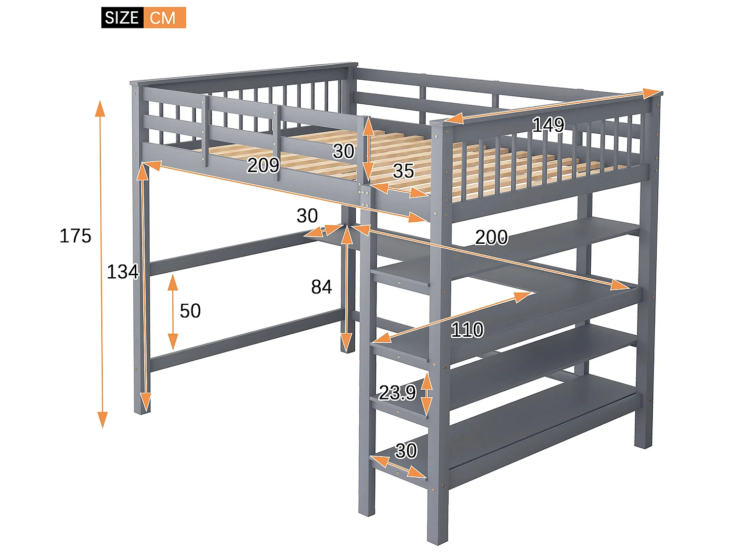 Lit mezzanine 140 x 200 cm - bureau + étagères de rangement - pin et MDF - gris