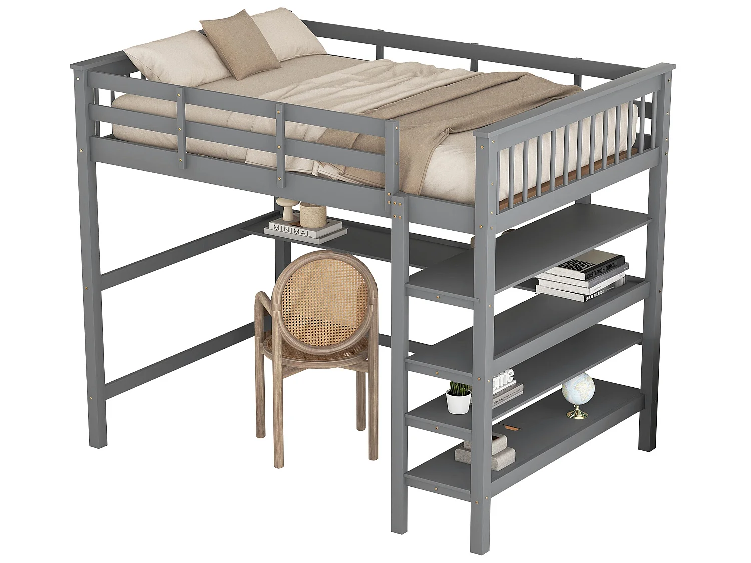 Lit mezzanine 140 x 200 cm - bureau + étagères de rangement - pin et MDF - gris