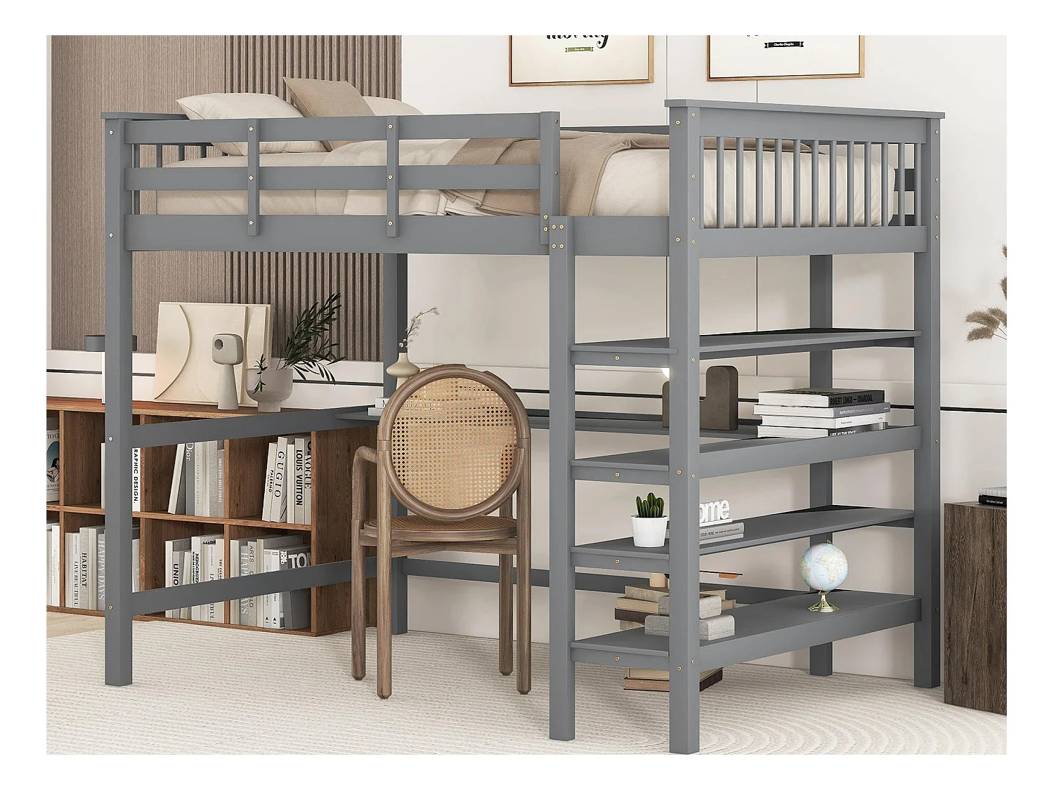 Lit mezzanine 140 x 200 cm - bureau + étagères de rangement - pin et MDF - gris