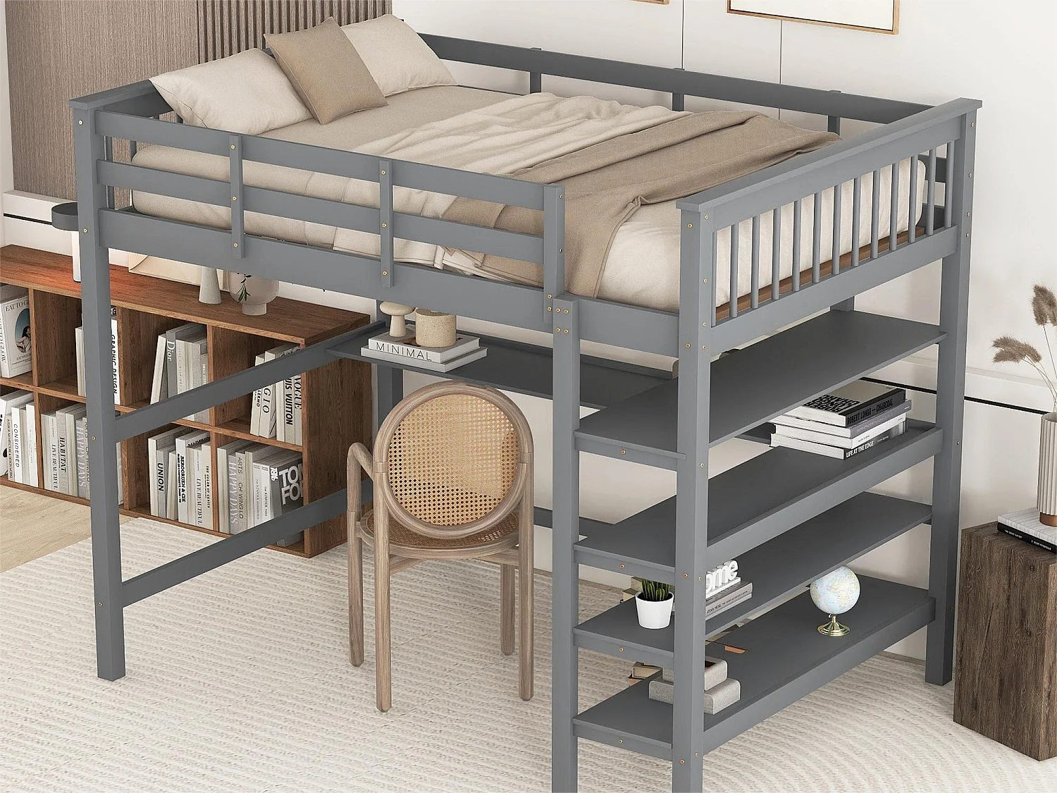 Mezzaninebed 140 x 200 cm - bureau + opbergplanken - grenen en MDF - grijs