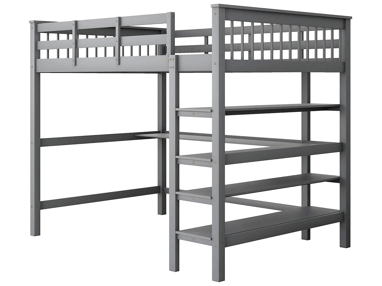 Mezzaninebed 140 x 200 cm - bureau + opbergplanken - grenen en MDF - grijs