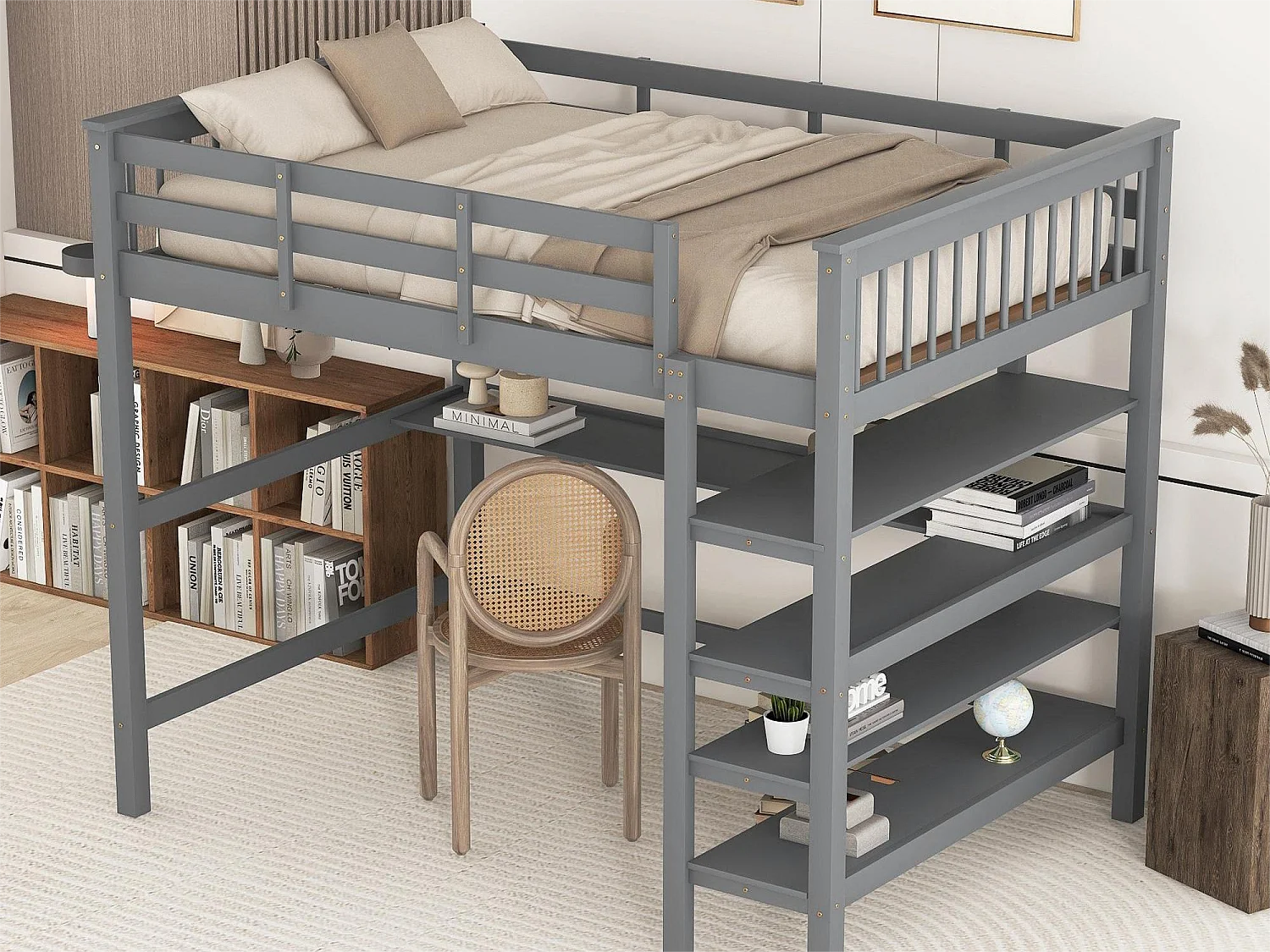 Lit mezzanine 140 x 200 cm - bureau + étagères de rangement - pin et MDF - gris