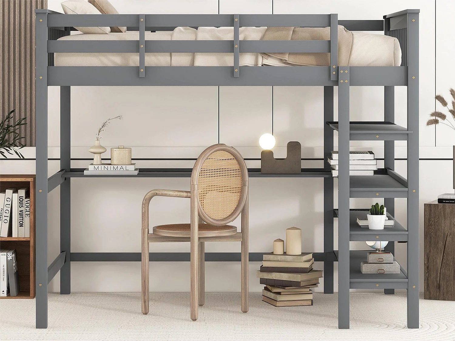 Lit mezzanine 140 x 200 cm - bureau + étagères de rangement - pin et MDF - gris