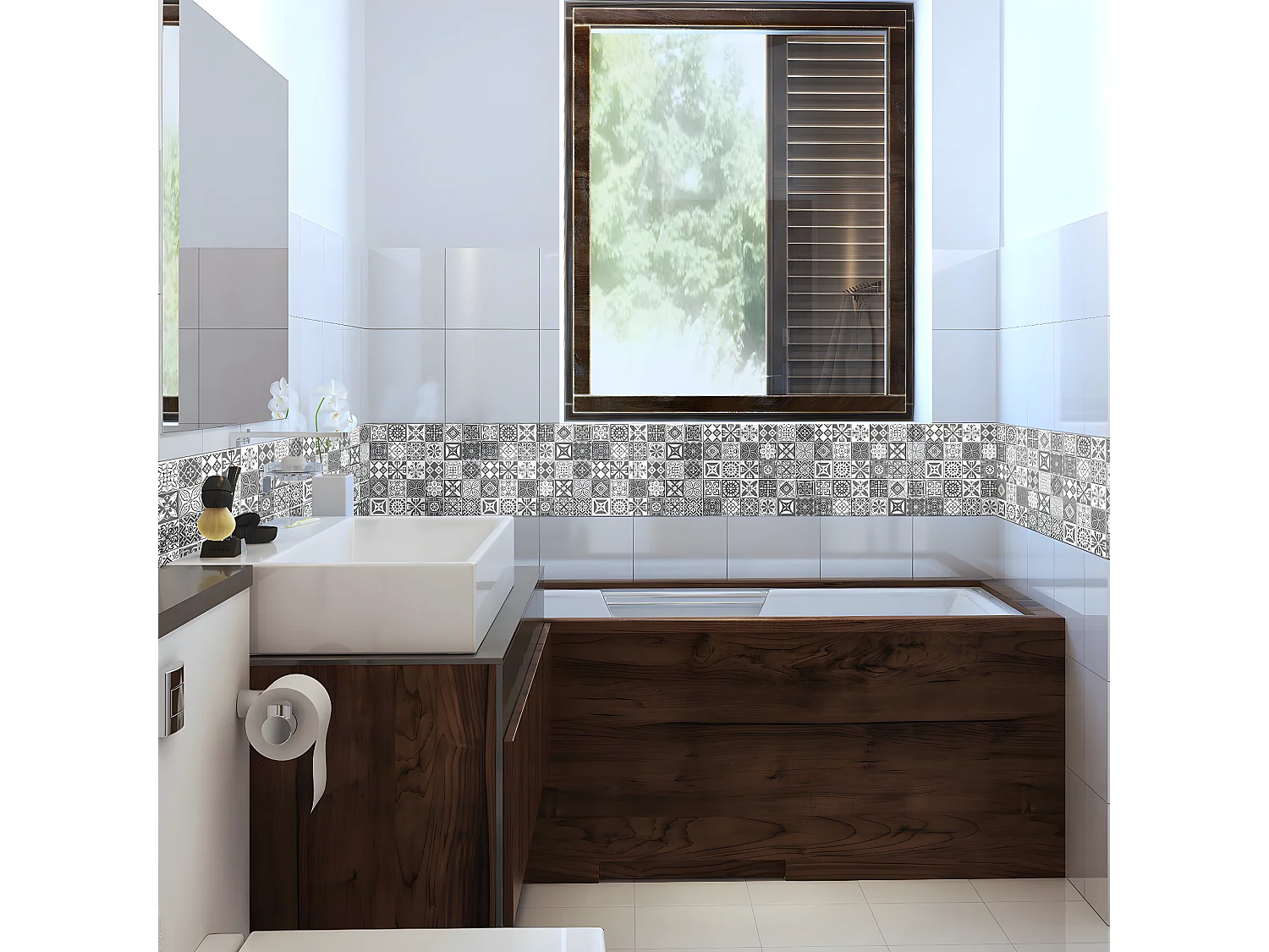 Pack 6 stickers adhésifs frises carrelages | Autocollant Frises Mosaïque Carreaux de ciment - NUANCE DE GRIS ROSO - 6 frises de 20 x 120 cm