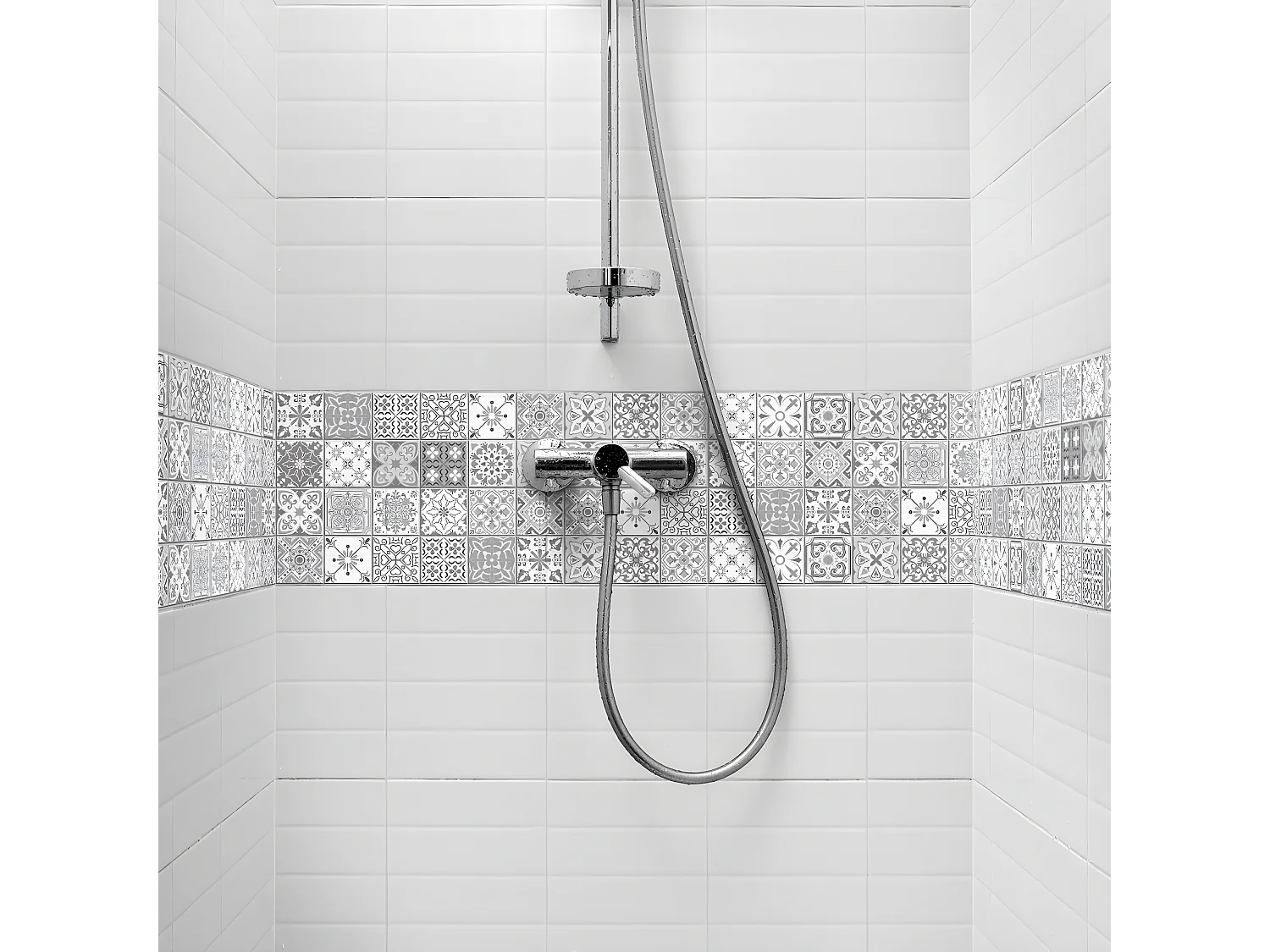 Pack 6 stickers adhésifs frises carrelages | Autocollant Frises Mosaïque Carreaux de ciment - NUANCE DE GRIS LIA - 6 frises de 20 x 120 cm