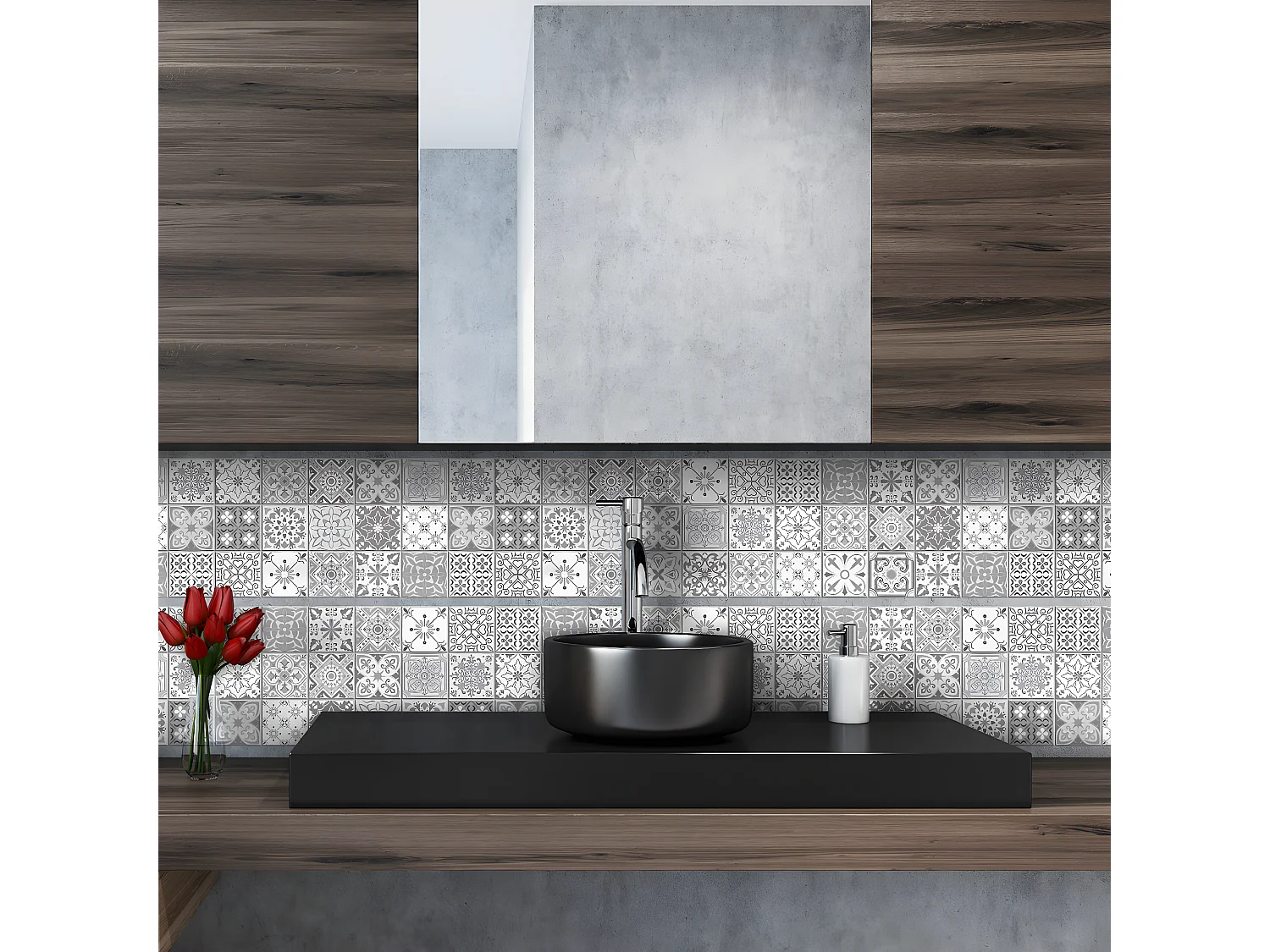 Pack 6 stickers adhésifs frises carrelages | Autocollant Frises Mosaïque Carreaux de ciment - NUANCE DE GRIS LIA - 6 frises de 20 x 120 cm