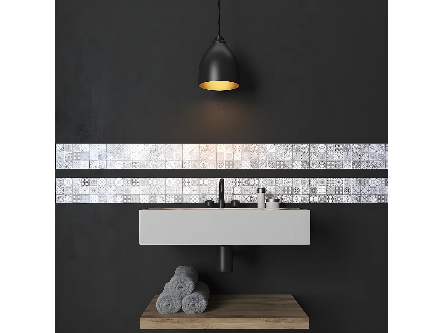 Pack 6 stickers adhésifs frises carrelages | Autocollant Frises Mosaïque Carreaux de ciment - NUANCE DE GRIS LIA - 6 frises de 20 x 120 cm