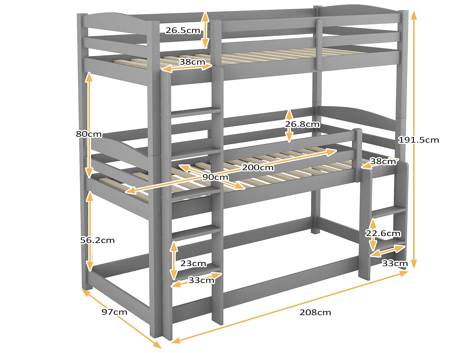 Lit superposé 3 places - 90 x 200 cm - Pin + MDF - 2 échelles - Coloris gris