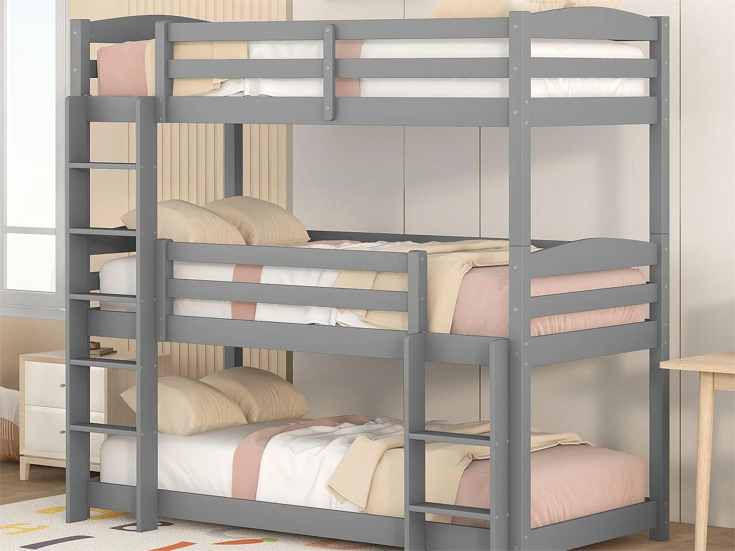 3-Sitzer-Etagenbett – 90 x 200 cm – Kiefer + MDF – 2 Leitern – Farbe Grau