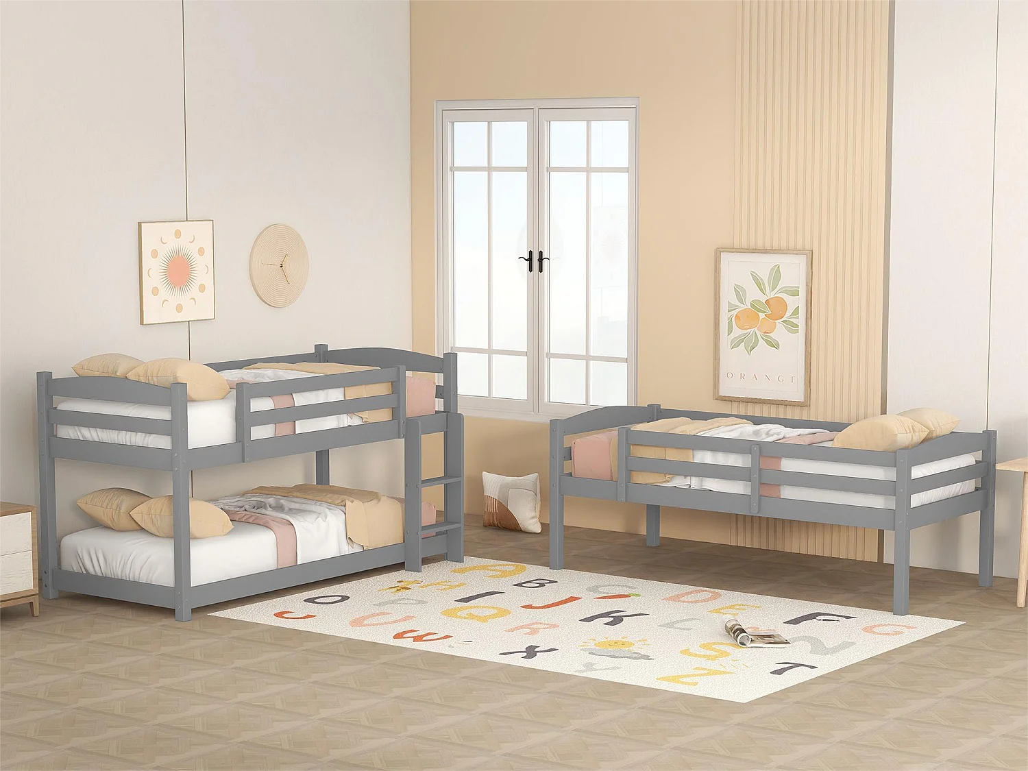 3-Sitzer-Etagenbett – 90 x 200 cm – Kiefer + MDF – 2 Leitern – Farbe Grau