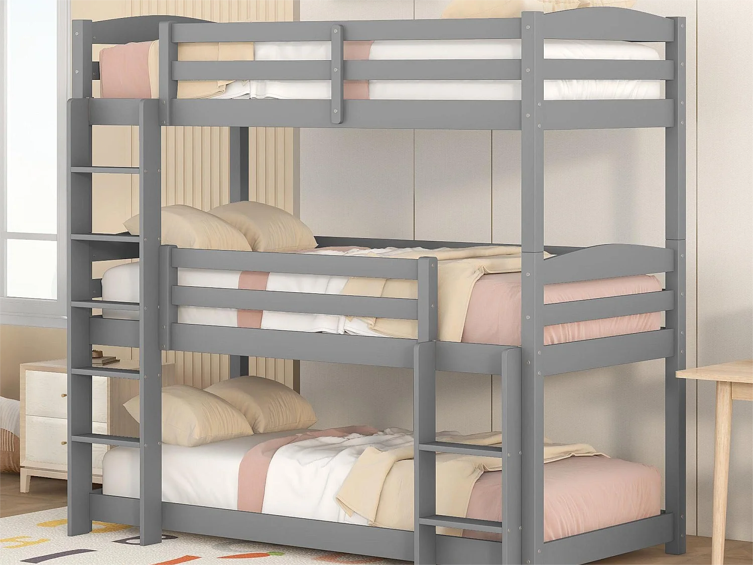 Lit superposé 3 places - 90 x 200 cm - Pin + MDF - 2 échelles - Coloris gris