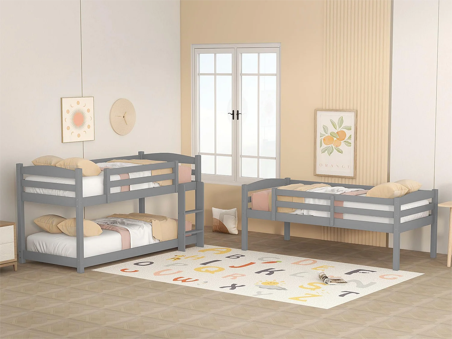 Lit superposé 3 places - 90 x 200 cm - Pin + MDF - 2 échelles - Coloris gris