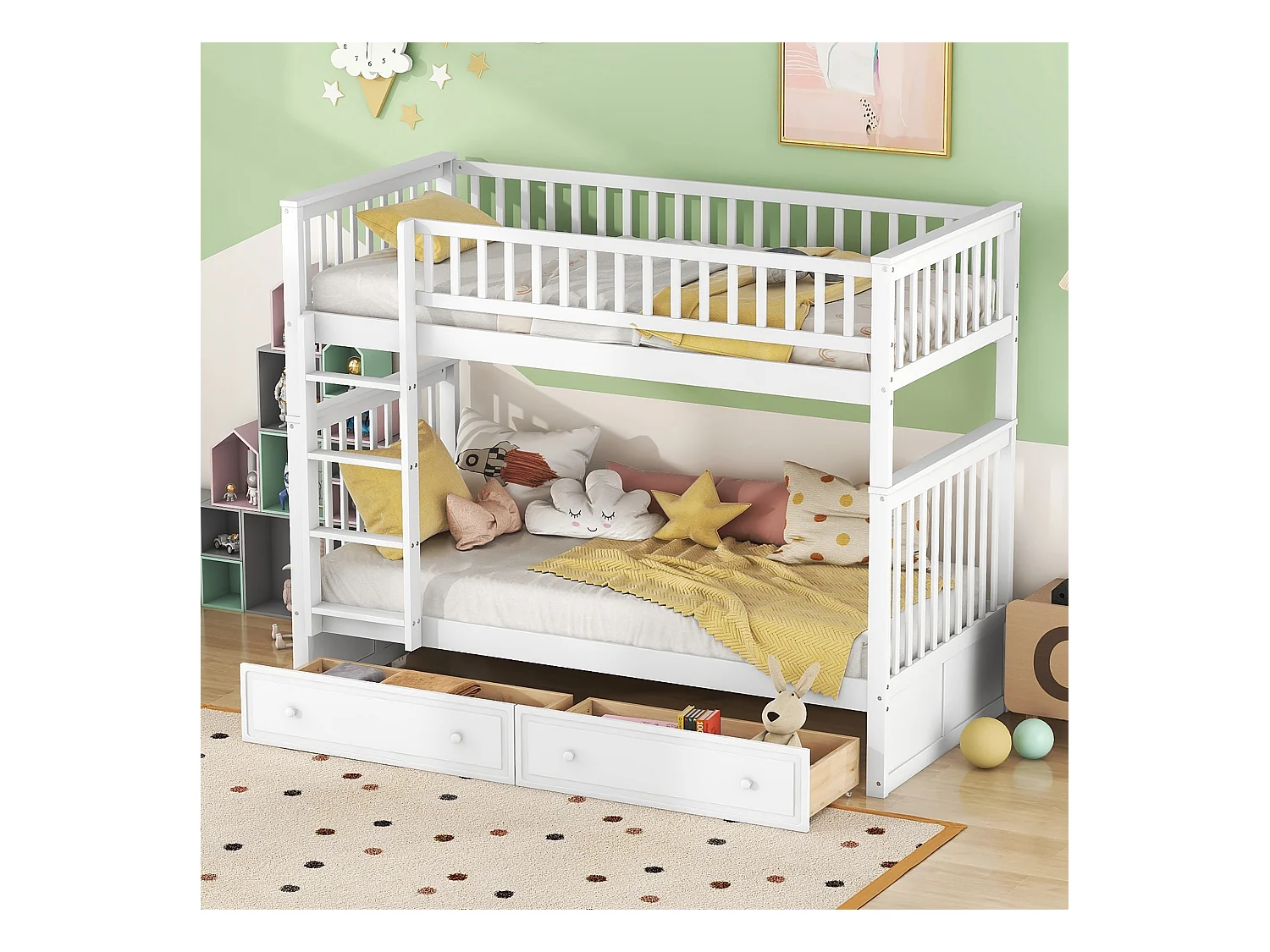 Lits superposés séparables enfant - 2x90x200 cm - 2 tiroirs - cadre en pin blanc - sommier à lattes - barrières de sécurité - MERAX