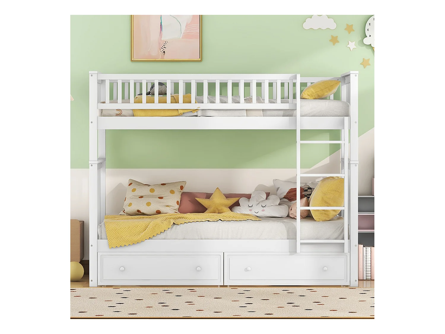 Letti a castello per bambini - 2x90x200 cm - 2 cassetti - struttura in pino bianco - rete a doghe - sponde di sicurezza - MERAX
