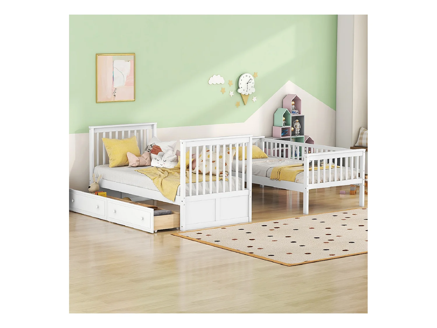 Letti a castello per bambini - 2x90x200 cm - 2 cassetti - struttura in pino bianco - rete a doghe - sponde di sicurezza - MERAX