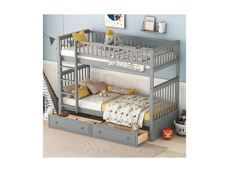 Literas infantiles separables - 2x90x200 cm - 2 cajones - estructura de pino gris - somier de láminas - barreras de seguridad - MERAX