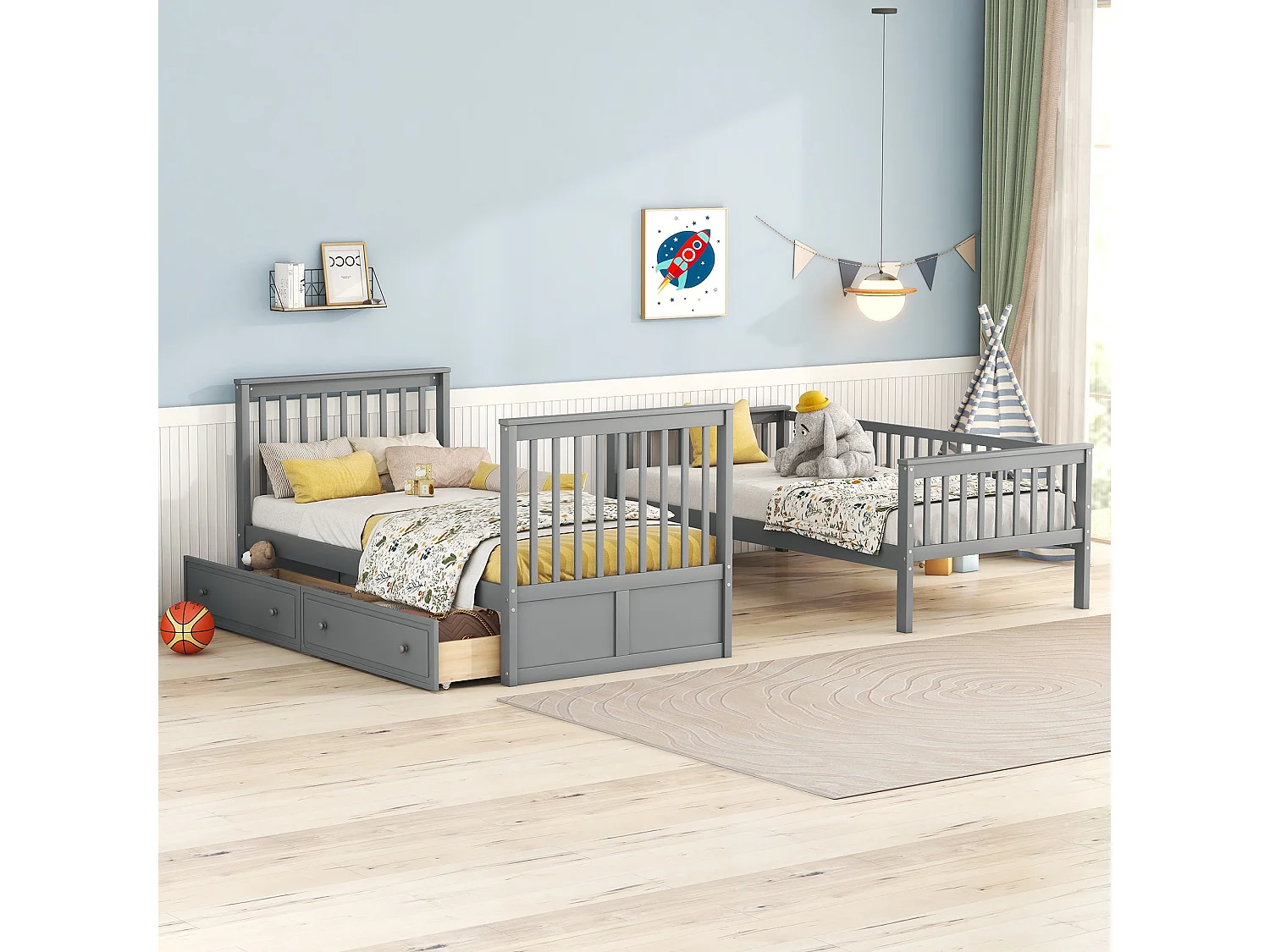 Lits superposés séparables enfant - 2x90x200 cm - 2 tiroirs - cadre en pin gris - sommier à lattes - barrières de sécurité - MERAX