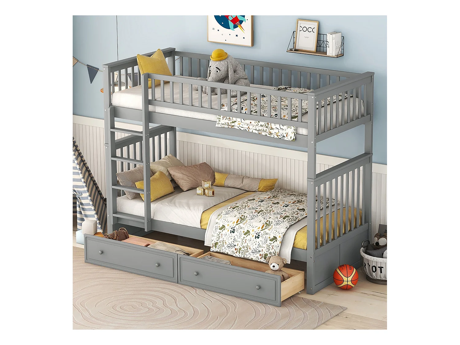 Lits superposés séparables enfant - 2x90x200 cm - 2 tiroirs - cadre en pin gris - sommier à lattes - barrières de sécurité - MERAX