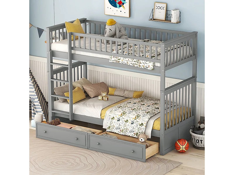 Deelbaar kinderstapelbed - 2x90x200 cm - 2 lades - frame grijs grenen - lattenbodem - veiligheidsbarrières - MERAX